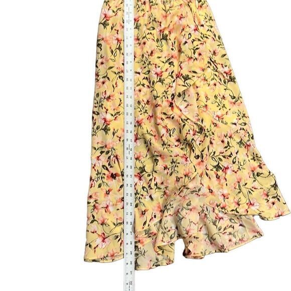 SOCIALITE DRESS XS YELLOW PINK RUFFLE PRINT WRAP MIDI ROMANCE FAIRYCORE SEXY - Picture 15 of 15